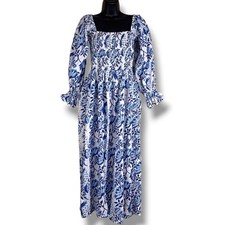 Medium Growkrati Blue White Floral Print Cotton Smocked Peasant Dress Sundress