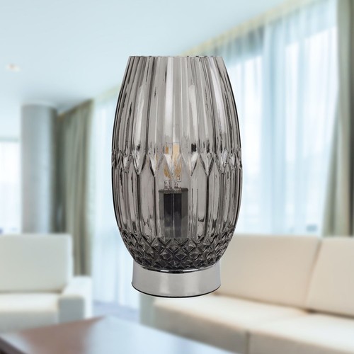 Set of 2 Modern Chrome with Smoke Faceted Glass Table Lamps Bedside Lights - Picture 7 of 8