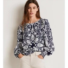 Boden Smocked Cuff Top Blouse Navy  Floral Size 14 US Color White & Navy Blue