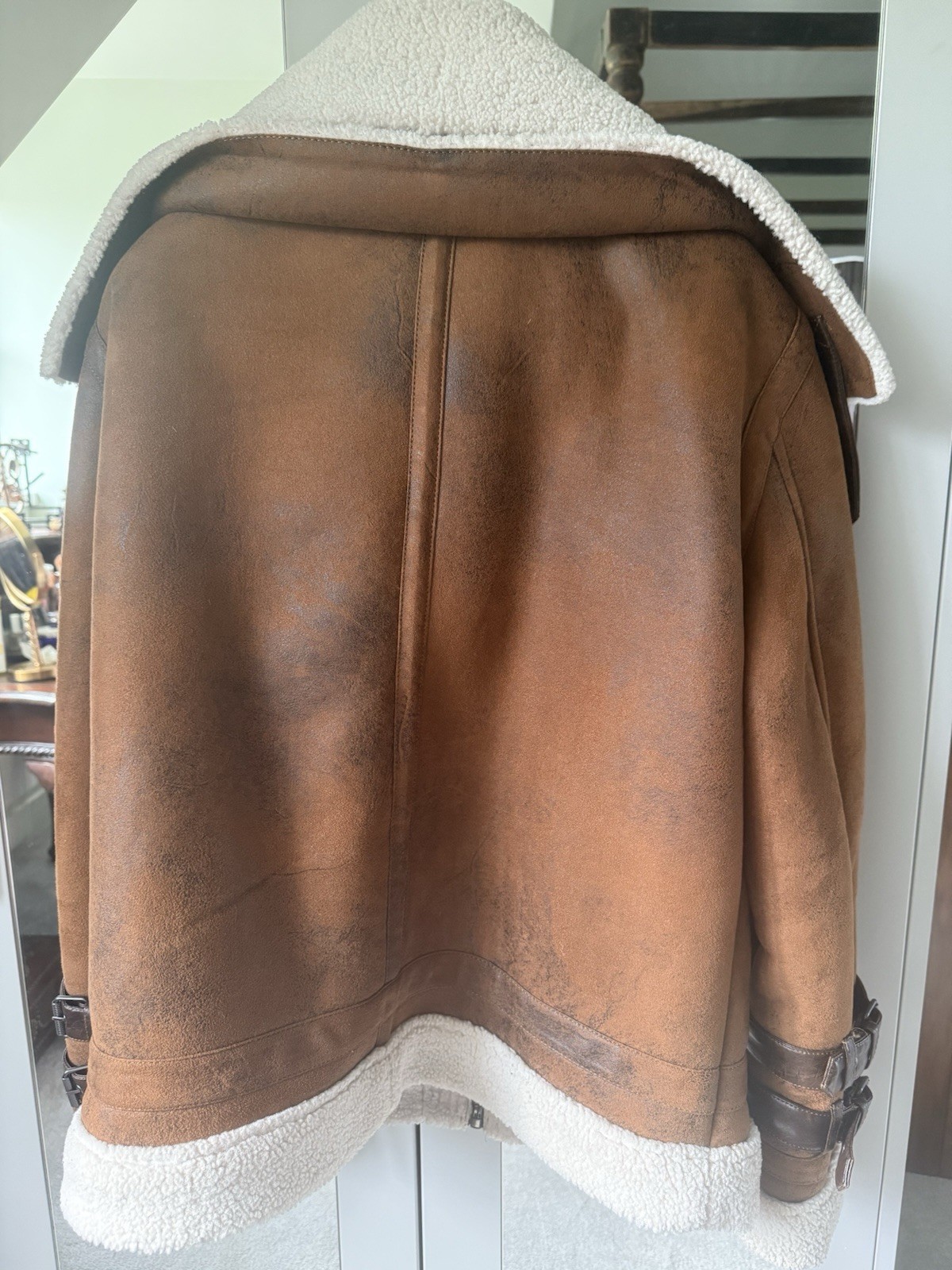 Rare Zara Men’s Brown Double Collar Shearling  Aviator Bomber  Jacket/Coat  L image 6