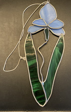 Vintage Blue Iris Flower Stained Glass Sun Catcher Window Hanging USA
