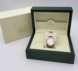 Rolex Oyster Perpetual Datejust 18K Rose Gold Two Toned Band Watch W/Box Lot.C11