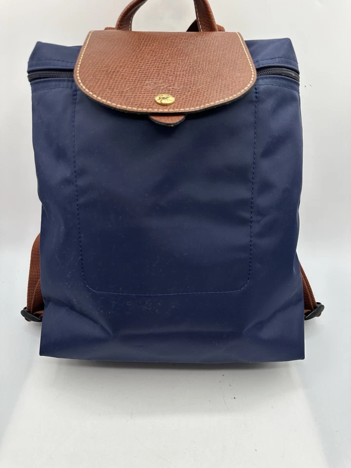 Longchamp Le Pliage Navy Blue Nylon Brown Leather Trim Backpack - Image 2 of 4