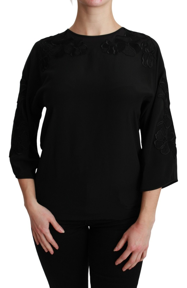 DOLCE & GABBANA Top Silk Black Floral Embroidered Blouse
