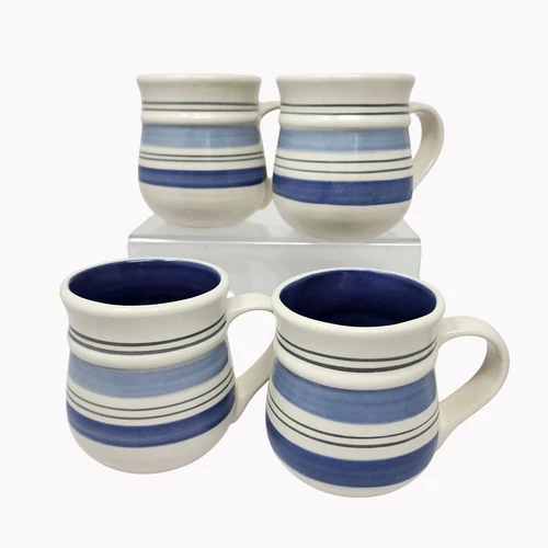 Pfaltzgraff Rio Mugs Set of 4 Blue Stripe Stoneware Coffee Cups Mexico Vintage