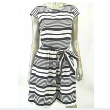 Betsey Johnson Women Dress 10 White Navy Cap Sleeve Above Knee A-Line Striped
