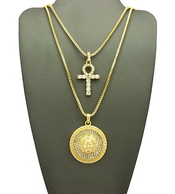 Hip Hop  Pave Ankh Cross, Medusa Pendant 24'',30'' Chain 2 Necklace Set RC1973G