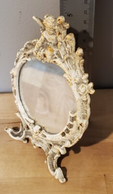 Antique 5'' Cast Iron Mirror w/ Swing Arm Stand & Cherub On Top