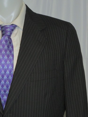 Samuelsohn Vintage 80s Dark Blue Stripe Custom Two Button Suit 40S - Picture 5 of 17