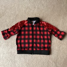 WEISSMAN MC RED/ BLACK ZIP FRONT PLAID TOP, SEQUINED SHOULDERS, COSTUME/.DANCE