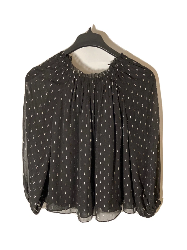 Blusa de seda Joie XS Baylee B para mujer - caviar negro - detalles plateados - forro transparente Foto 2 de 4
