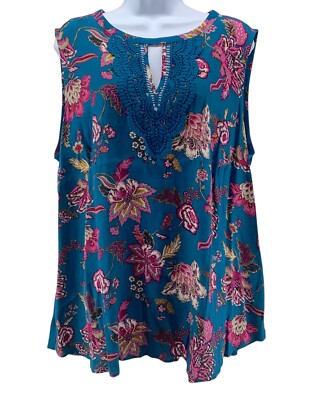Daniel Rainn Pullover Sleeveless Top Size 2X Teal & Pink Floral Crochet Lace New
