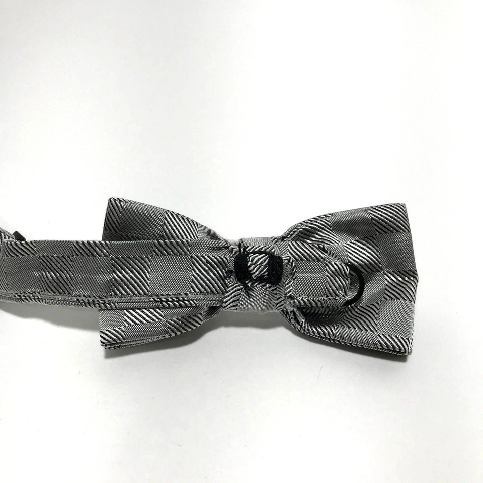 Men Bow Tie Pre Tied Plaid Gray Silver Vintage Mel Howard Butterfly Wedding Prom - Image 3 of 4