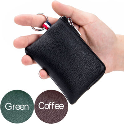 Leather Coin Purse Wallet, Mini Dual Keyrings Change Pouch Card Holder for Men