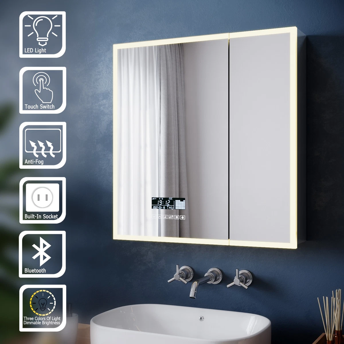 Smart LED Bathroom Mirror Cabinet Bluetooth Demister Shaver Socket Touch Control