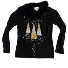 Jack B Quick Vintage Holiday Christmas Sweater Fur Trees Black Small Sequin