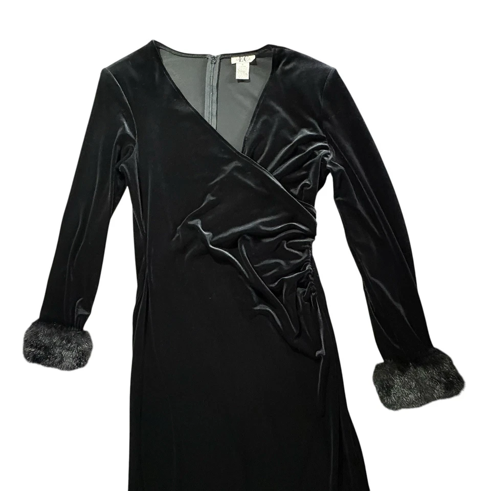 复古天鹅绒连衣裙 14 黑色人造包裹毛皮袖口暴徒妻子奇思戈斯弹力 90 年代 — 第 3/4 张图片