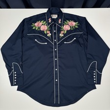 Rockmount Ranch Wear Embroidered Floral Western Shirt Navy Blue Mens Size L New 