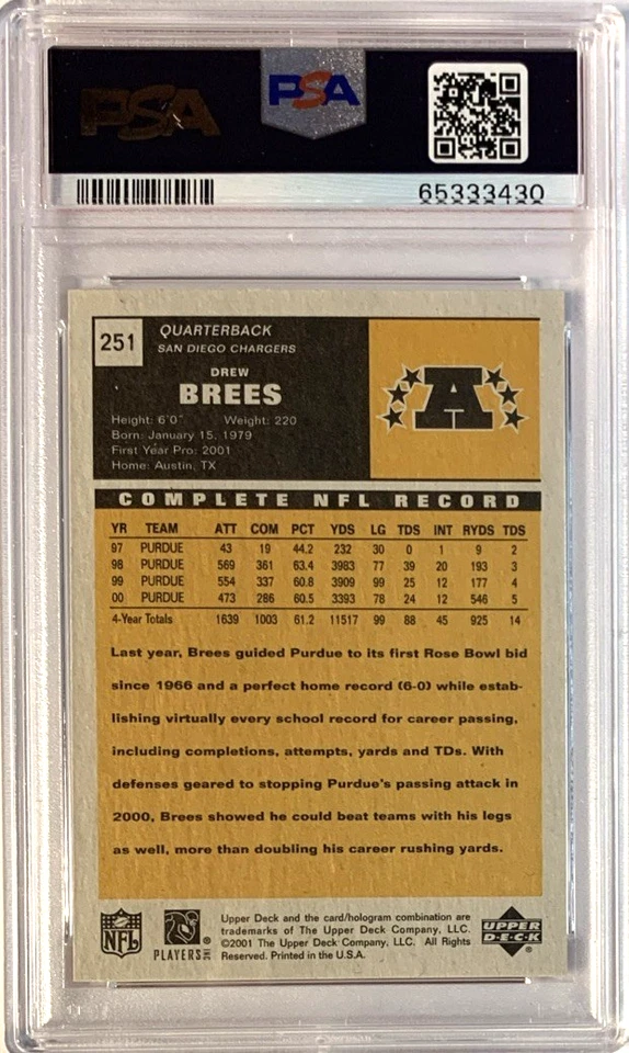 2001 UPPER DECK VINTAGE #251 DREW BREES ROOKIE FUTURE HOF PSA 10--FAST SHIPPING! - Image 3 of 3