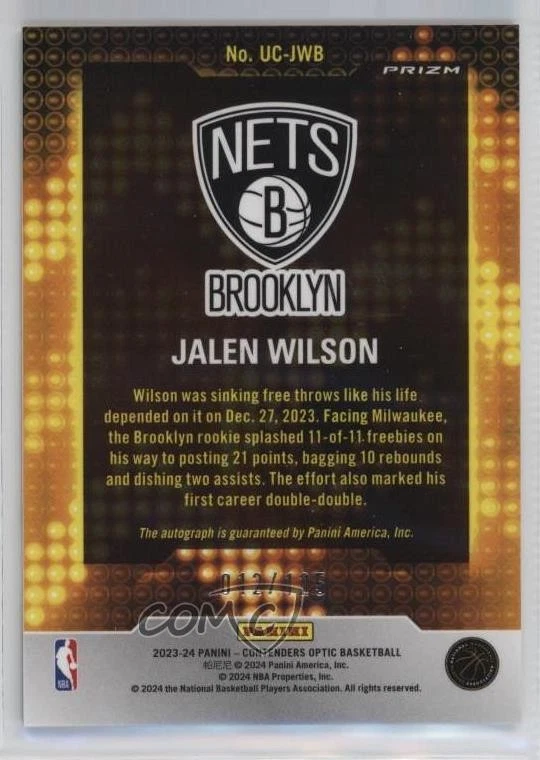 2023-24 Panini Contenders Optic Up and Coming /125 Jalen Wilson Rookie Auto RC - Image 2 of 2