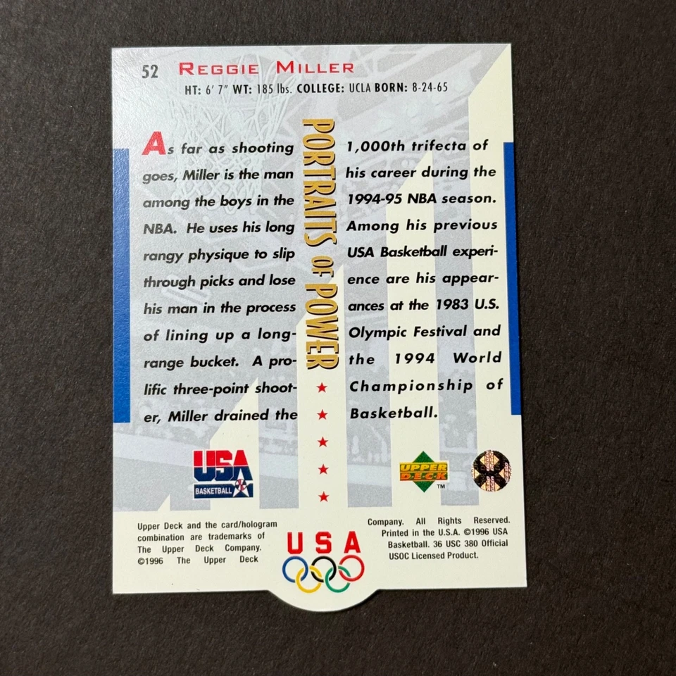 1996 Upper Deck USA Basketball REGGIE MILLER #52 Portraits of Power Team UD - Image 2 of 2