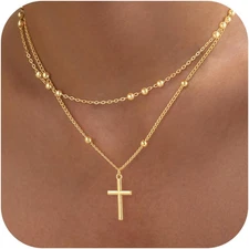 Cross Necklace for Women Dainty 14K Real Silver Gold Plated Layered Cross Pendan
