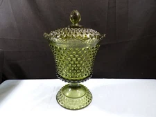 Fenton Colonial Green Glass Hobnail Covered Urn Candy Dish