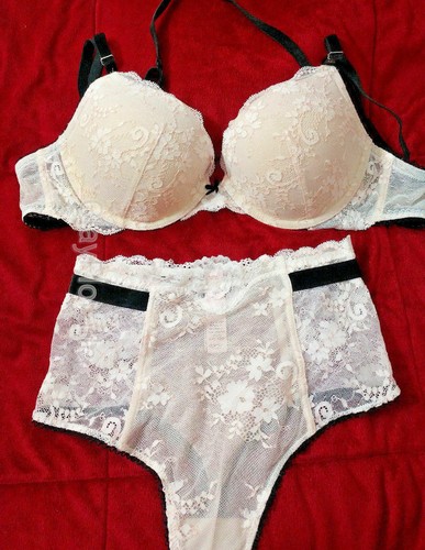 Victoria's Secret Lace Push up Bra Set fashion White Velvet panty thong 32 34 36 - Picture 11 of 11
