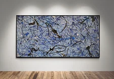 XXL Jackson Pollock Style Blue Jeans Abstract Painting - Handmade - 59x30 in