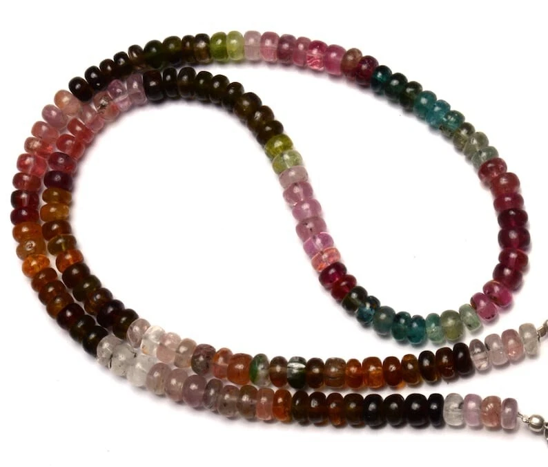Natural Multi Color Tourmaline Smooth Rondelle Shape Gemstone Beads Necklace 18" - Image 2 of 4
