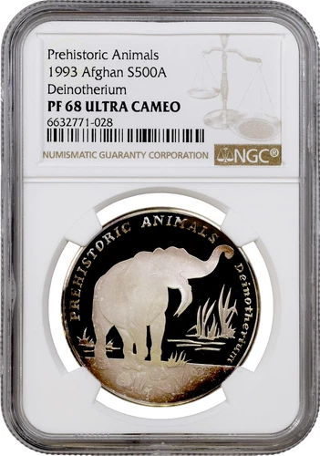 Afghanistan 500 afghanis 1993, NGC PF68 UC, "Prehistoric Animals - Deinotherium"
