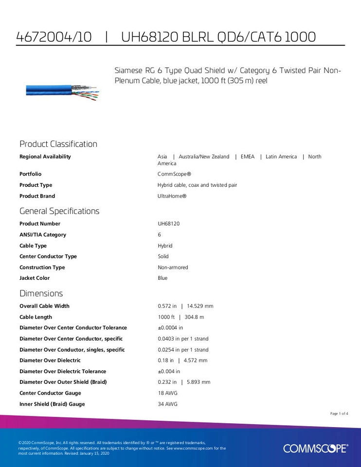 Commscope UH68120 Siamese RG 6, Non-plenum, Quad Shield w/ Twisted Pair  1000 ft - Image 3 of 4