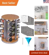 Compact 16-Jar Revolving Spice Rack with 386 Labels - Dishwasher Safe Design