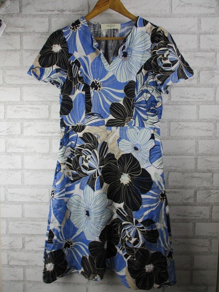 Jacqui E womens a-line dress blue beige white floral print 10 linen