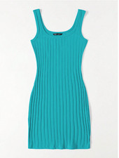 Blue Scoop Neck Rib-knit Bodycon Pencil Casual Summer Slim Dress Sz XS S M L