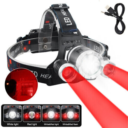 Linterna LED recargable blanca roja USB cabeza de camping luz de caza - Imagen 5 de 12