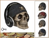 Spardose-Totenkopf-FischermüTze-Schwarz-KopfhöRer-Deko-Sparschwein-Ca.-17X14Cm