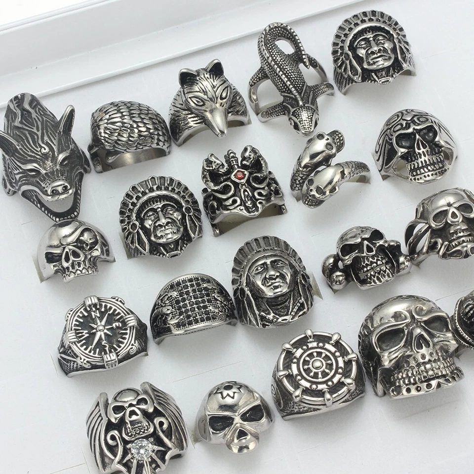 20 pcs /Lot Stainless Steel Men Biker Rings Punk Skull Jewelry Wholesale Mixed - Image 2 of 4