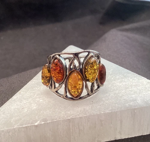 Vintage Sterling Silver Marquise Shaped Amber Open Design Ring Size 8/4.4g