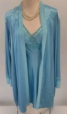 Delicates Peignoir 2pc Lg Gorgeous Robe NightGown Satin Glossy Peacock Blue Ec
