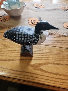 Hand Carved Vintage Wooden Loon Duck Decoy on Log Hand Painted Glass Eyes Vintag