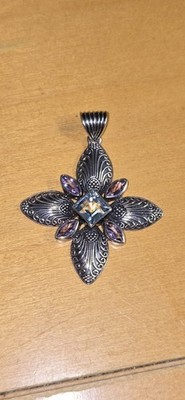 Vintage Gemala Bali Blautopez & Amethyst Handwerk Sterlingsilber Anhänger Blume