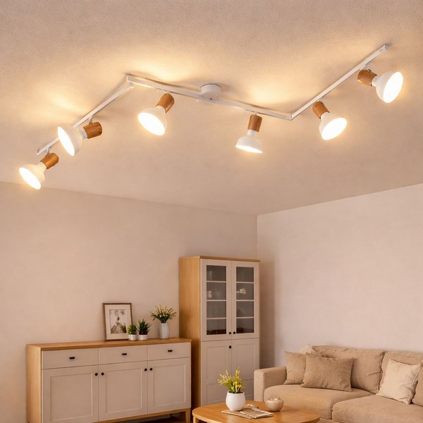 Deckenleuchte Schlafzimmerlampe Spotleiste 6-Flammig Verstellbar Holzoptik Weiß-image