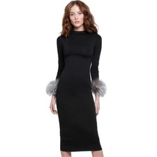 Alice + Olivia Delora Fox Fur-cuff Sleeve Black Midi Dress 10