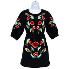 Topshop Embroidered Floral Puff Sleeve Black Mini Dress Size 4 US 8 UK