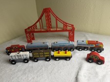 Melissa Doug Wooden Train Cars Bridge Set - Wood Plastic Toy Vehicles