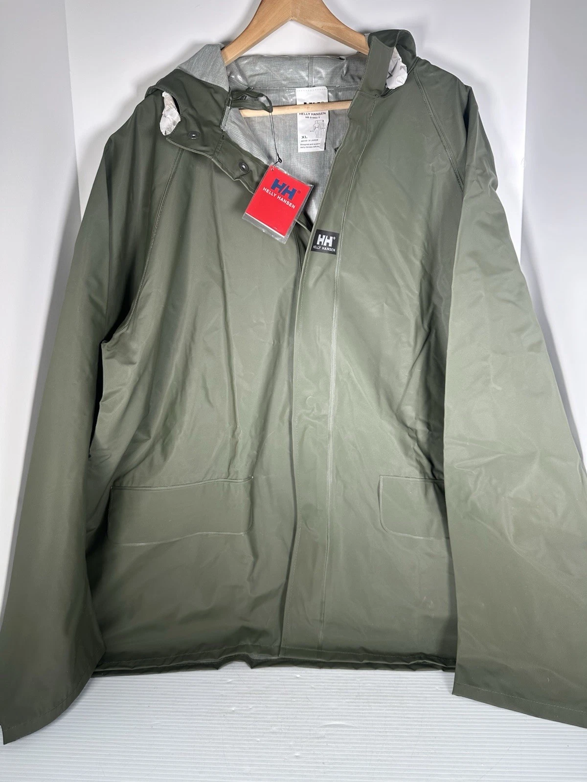 Helly Hansen Mens Green Rain Jacket Snap Polyvinyl Workwear Fishing Sailing Vtg