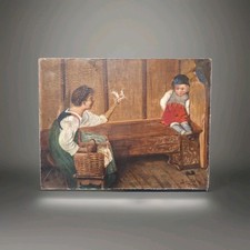peinture ancienne Huile Sur Toile Scène Intérieure Tableau XIXe  Encadré Signé