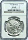 US 1921 P Peace Silver Dollar NGC MS 64 High Relief Key Date BU White $1.00