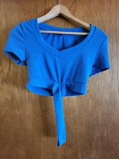 Shein Ribbed Women's Blue Short Sleeve V Neck Back Tie Knot Crop Top S